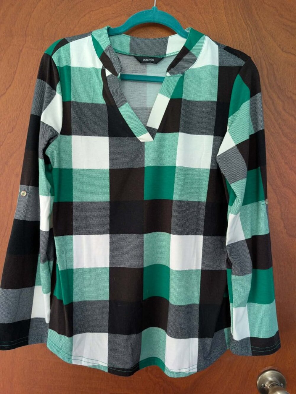 Womens Fall Fashion Casual Basic Cotton Cuffed 3/4 Long Sleeve Plaid